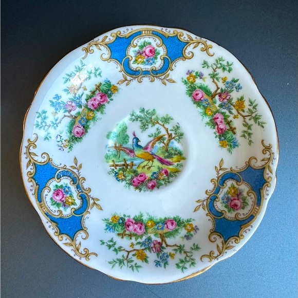 Foley English Bone China DEMITASSE Teacup Saucer ‘Broadway’ Bird Blue Scrolls - Picture 9 of 13